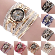 Moda Mulheres Multilayer Faux Couro Strass Quartzo Analógico Relógio de Pulso