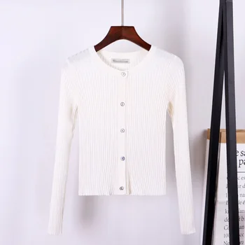 

Spring White Women Small Short Long Sleeve Sweater Slim Striped Cardigan Female Knitted Knitwear Multicolor Ladies Tops Hot Sale