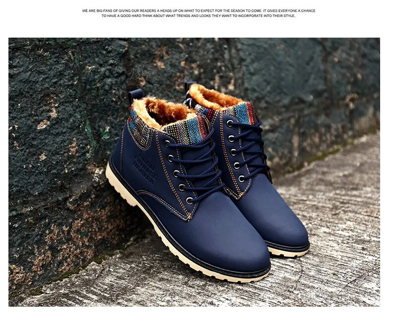 Мужские зимние ботинки из водонепроницаемого материала; модные синие ботинки с мехом; теплые недорогие повседневные ботинки на плоской подошве со шнуровкой; X854 5