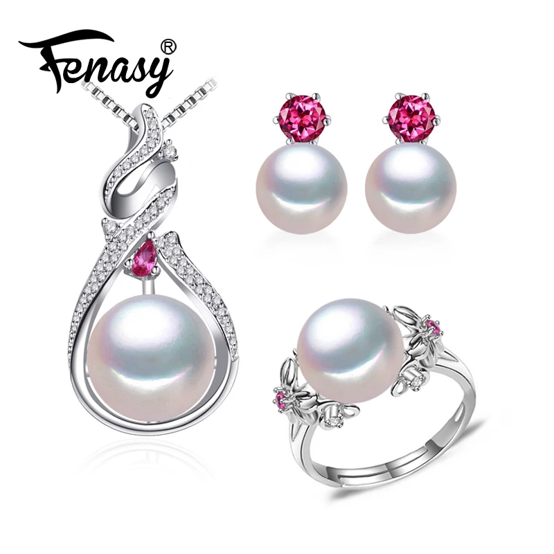 

FENASY pearl jewelry fashion engagement jewelry sets Natural Pearl pendant Red stone ruby Necklace women/stud Earrings cute ring