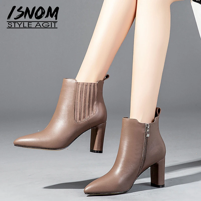 

ISNOM Thick High Heels Women Ankle Boots Pointed Toe Footwear Genuine Leather Female Boot Zip Shoes Woman Winter 2018 New