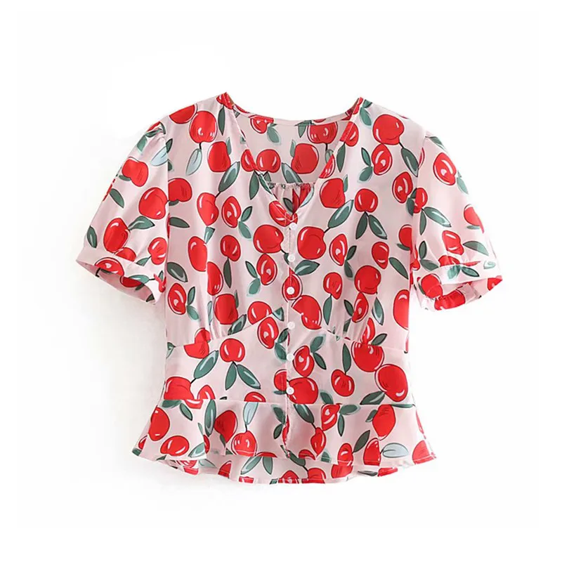

Women sweet cute fruit print blouse short sleeve V neck female stylish 2019 casual summer brand tops blusas