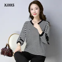 Xjxks Новинка весны и лета Модные женские туфли пуловер Футболки полосатый лук рукавом Для женщин футболка для подарка