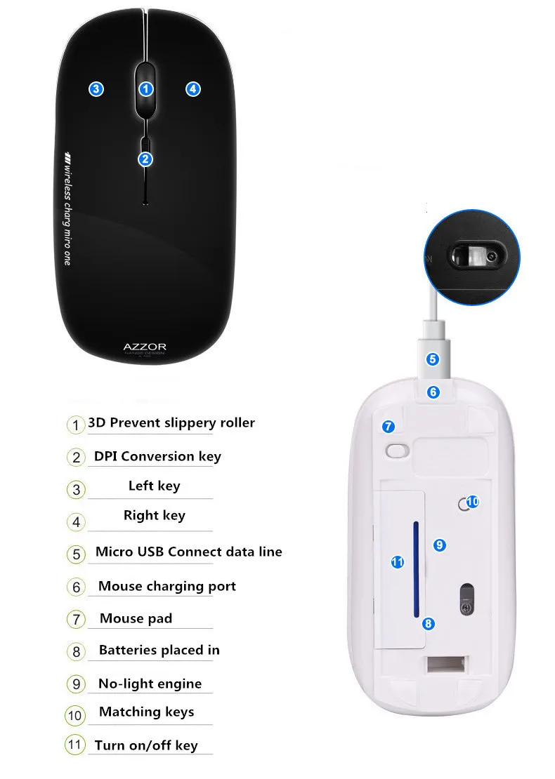 AZZOR перезаряжаемые Bluetooth 3,0 беспроводной бесшумный Mute мышь ультра тонкий 2400 точек на дюйм мыши Компьютерные для Android планшеты Apple тетрадь PC