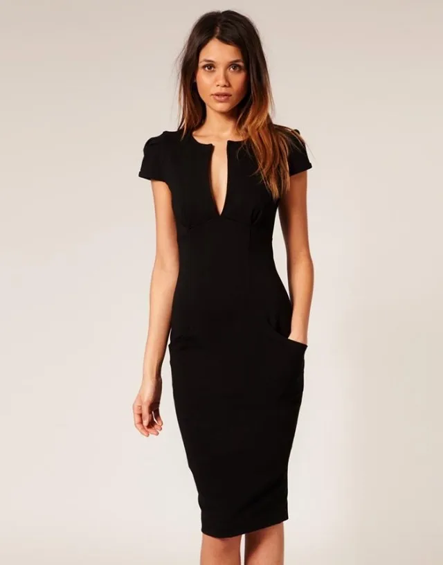 Хорошее качество, женское облегающее черное офисное платье с глубоким v-образным вырезом, 60 s, вечерние платья, vestido festa Victoria Beckhams, стильное сексуальное Клубное платье
