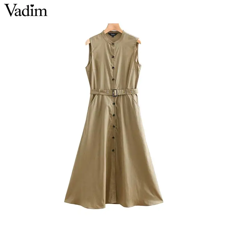 

Vadim women elagant solid shirt dress sashes pockets buttons sleeveless female casual maxi dresses stylish vestido QB505