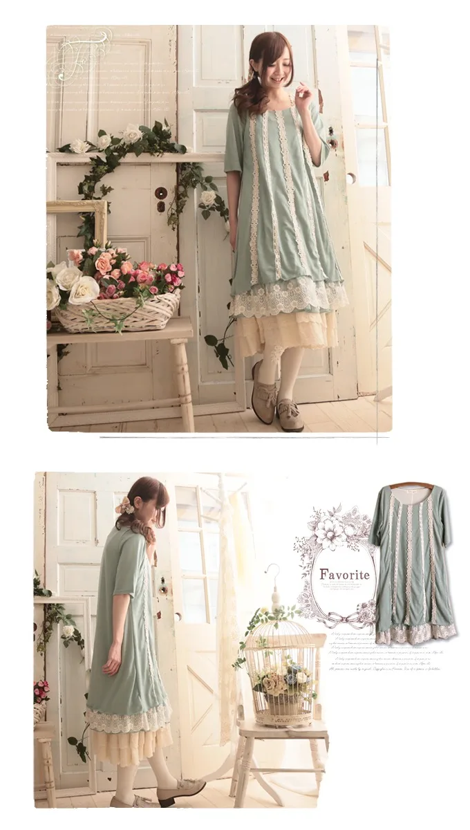 Mori Girl, милое кружевное трикотажное платье с цветочной вышивкой, летнее свободное женское платье с коротким рукавом, светильник, зеленый лес, платья для девушек D058