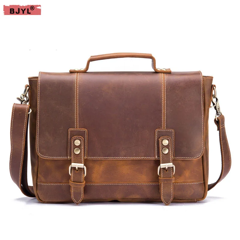 

BJYL Crazy Horseskin men handbag handmade tide male briefcase retro genuine leather shoulder diagonal bag laptop messenger bags