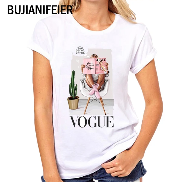 

BUJIANIFEIER Women's T-Shirt Fashion Girl cartoon VOGUE Print Short Sleeve T-Shirt BJN70
