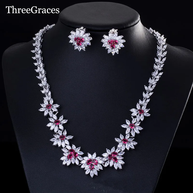 

ThreeGraces Luxurious No Pierced Ears Style Red Flower Cubic Zirconia Clip Earrings Necklace Jewelry Sets For Women JS130