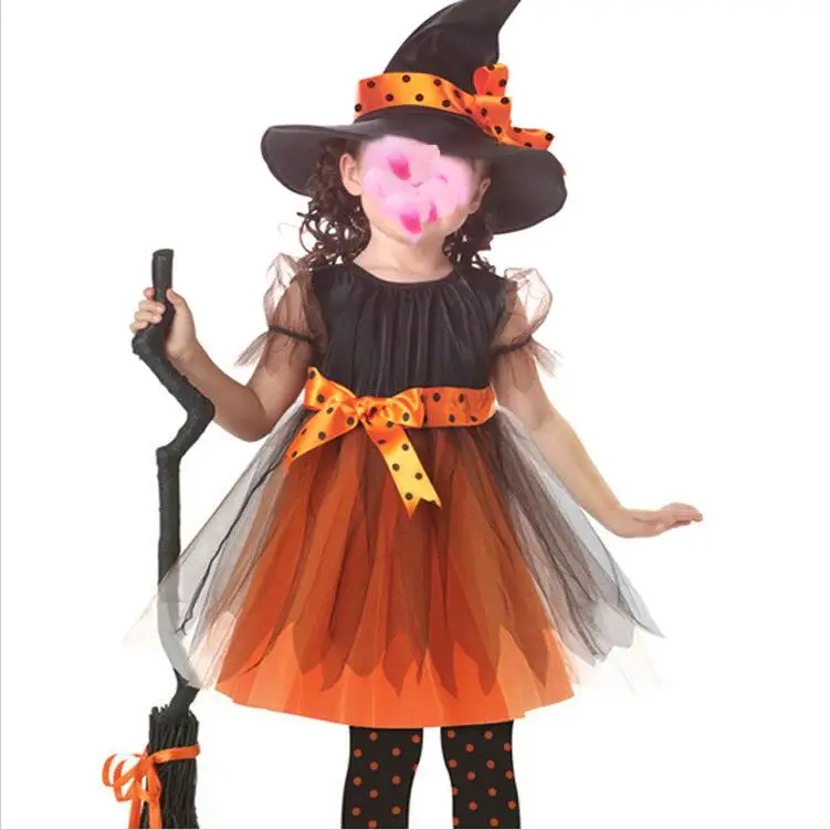

Direct Selling Girls Orange Charmed Witch Cosplay Clothing Child Fantasy Fancy Dress Kids Carnival Party Halloween Costume