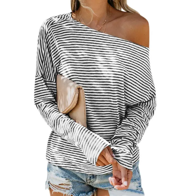

Women Pullover Autumn T-shirt Plus Size Sexy Stripes Print Off Shoulder Batwing Sleeve Casual Loose Tops