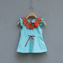 Повседневное платье для маленьких девочек; хлопковое синее платье с цветочным принтом и бантом; 5 шт. в партии; ; 1239