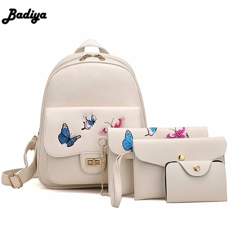 

Fashion New 4Pcs/Set Small Women Butterfly Embroidery Backpack Female School Bag Teenager Girls PU Leather Women Shoulder Bag