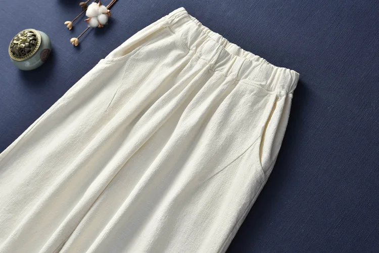 LZJN 2019 New Women Solid Color Pockets Loose Pants Vintage Elastic Waist Cotton Linen Wide Leg Full Length Pants (11)