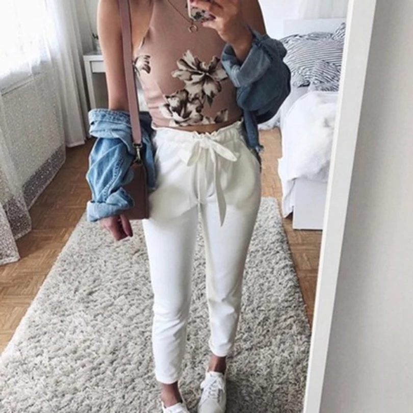 2018 fashion autumn women casual mid waist pants white