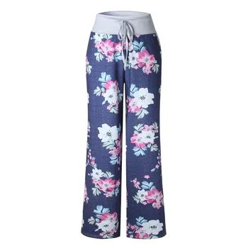 

Wontive Drawstring Wide Leg Pants Loose Straight Trousers Long Female Plus Size Trousers Casual Women Blue Flower Print Pants