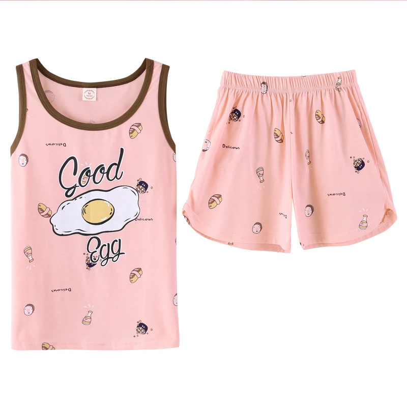 Women Cotton Pajamas Summer Two Piece Set Nightwear Female O Neck