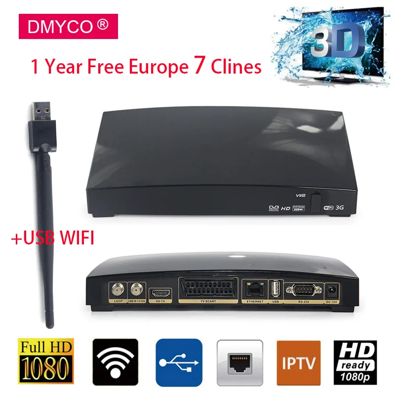 

DMYCO HD Satellite Receiver V8S +USB WIFI +1 Year Europe Spain Server Decoder Support Youtube PowerVu DVB-S2 Digital TV Receptor