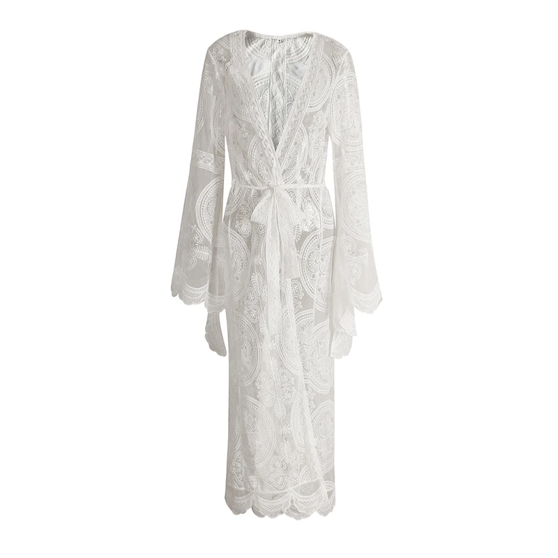 Bohemia Flare Sleeve Sexy White Lace Long Kimono Cardigan Shirt Tops Beach Clothes Boho Shirts Womens Blouses Autumn Outwear