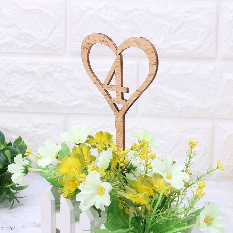 1-10 Wooden Wedding Table Numbers Heart Shape Wood 1-10 Numberic Table Signs Topper Wedding Seats Party Decoration