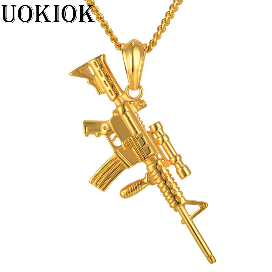 

Hip Hop Carbines Gun Necklace Pendant Hiphop Women Men Jewelry Gold/Black Color Stainless Steel Sniper Rifle Military Necklaces