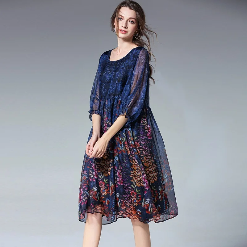 Размера плюс цветочный принт женские шифоновые платья плиссе о-образный вырез модный дизайн для беременных женщин большой размер свободное Повседневное платье - Цвет: Синий