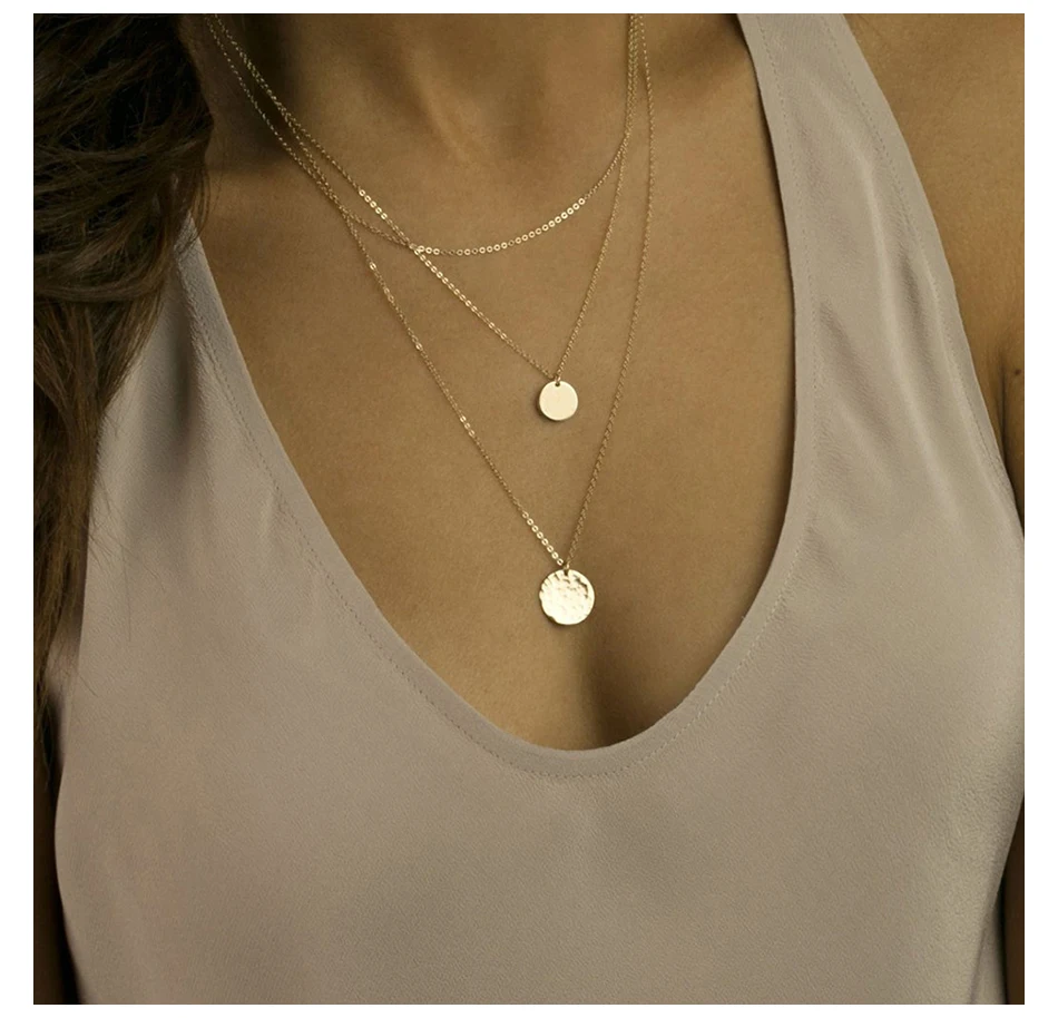 e-Manco korean style stainless steel necklace women long layered pendant necklace gold color necklace for women fashion jewelry