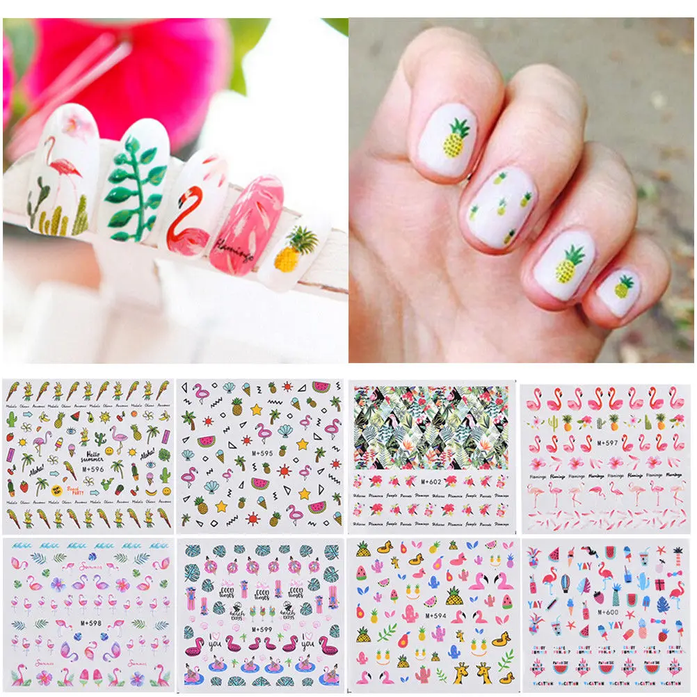 

New 1 Sheet Colorful Tropical Flamingo Sticker Nail Art 3D DIY Accessory White/Pink Sticker Decals Nail Wraps Decorations Tips