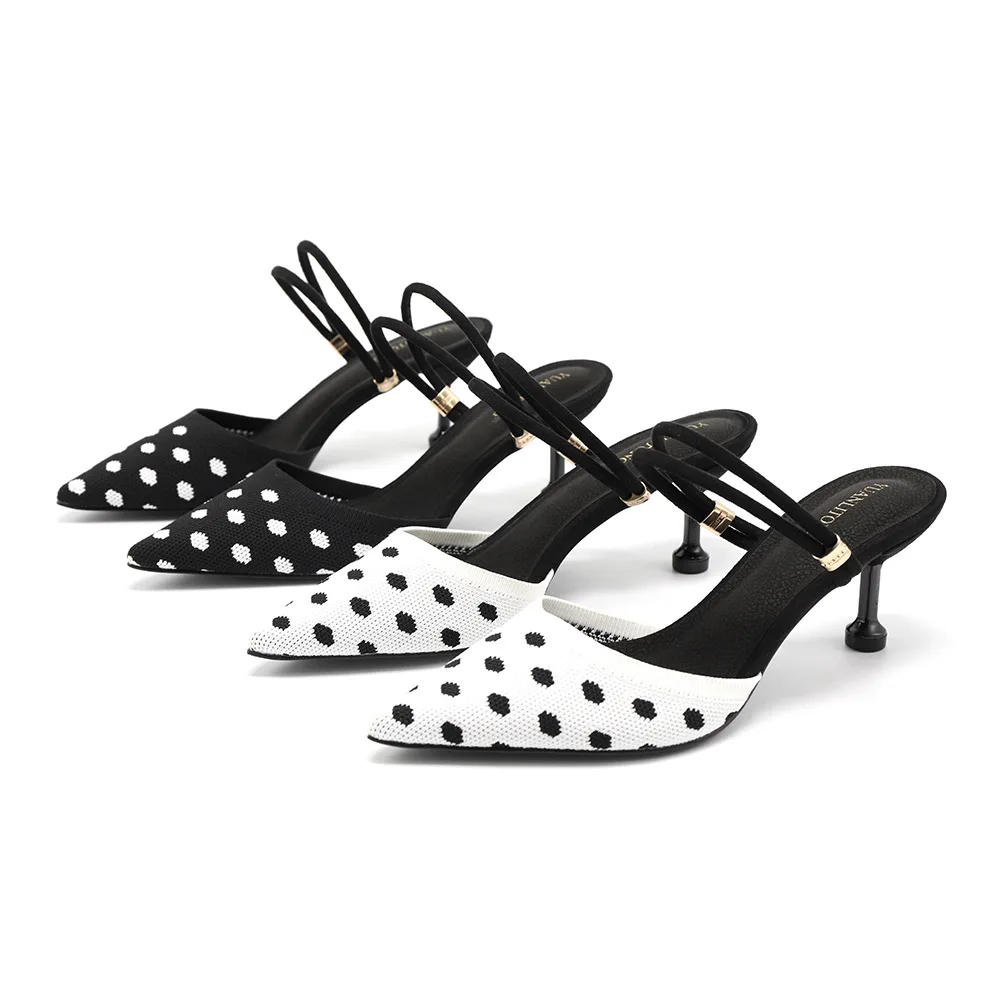 

Slipper Women Shoes Polka Dot Mules Fashion Slip on High Heels Slide Summer Pointed Toe Sandals Luxury Zapatos Mujer Black White
