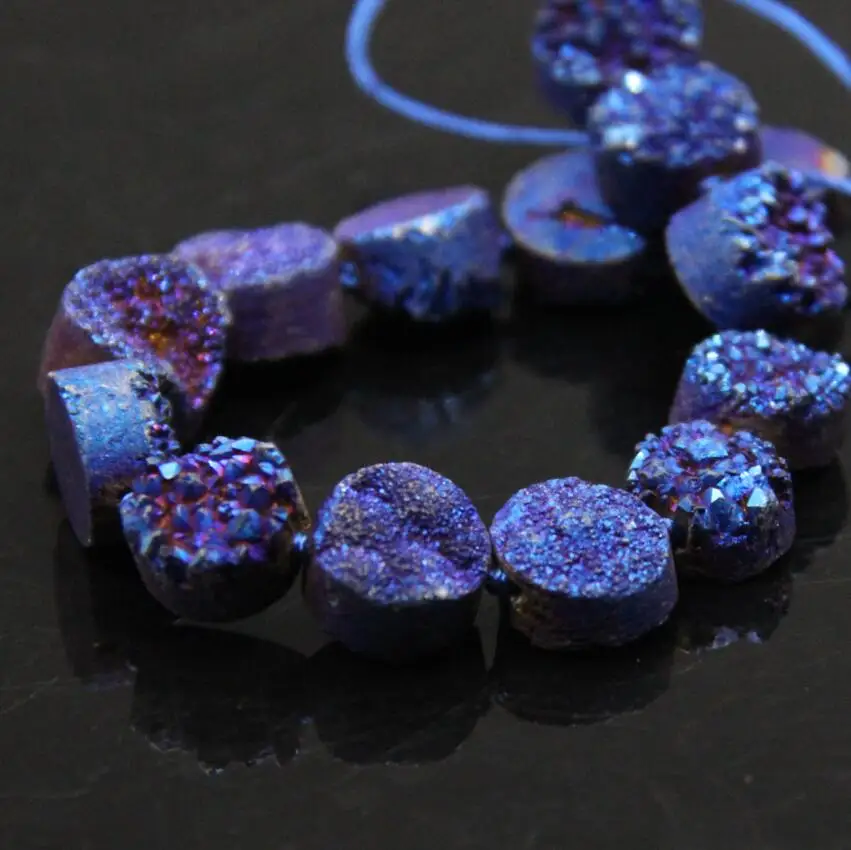 16 шт./нить 12 мм титановые синие плоские круглые кабошоны Drusy Agates бусины из жеоды