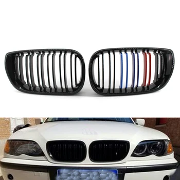 

Gloss Black M-Color Double slat Front Kidney Grilles Grill For BMW E46 4D 02-05