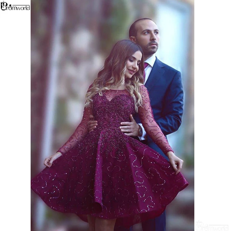 

Purple 2019 Homecoming Dresses A-line Long Sleeves Short Mini Pearls Sequins Beaded Sparkle Elegant Graduation Cocktail Dresses