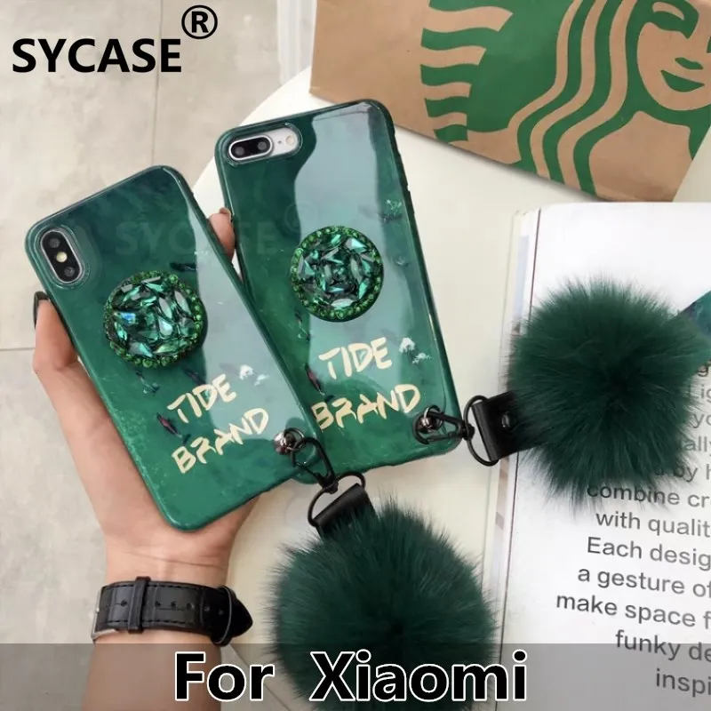 SYCASE luxury Emerald Rhinestone Bracket Shell For Xiaomi 5X 6X Mi 6 8Lite mi 8 SE youth A1 A2 Case Hairball Lanyard cover Women |
