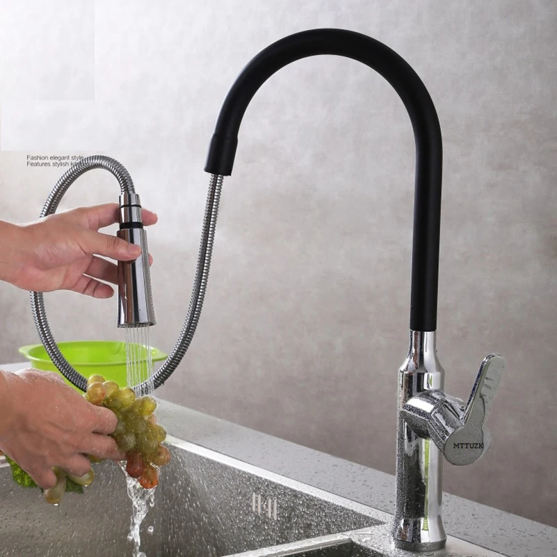

kitchen ,MTTUZK Creative Brass Brushed Nickel basin Faucet Single Hole Deck Mount Pull Out basin Mixer Taps Dual sprayer nozzle