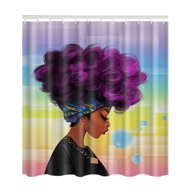 African Woman Shower Curtain With Purple Afro Hair Polyester Printing