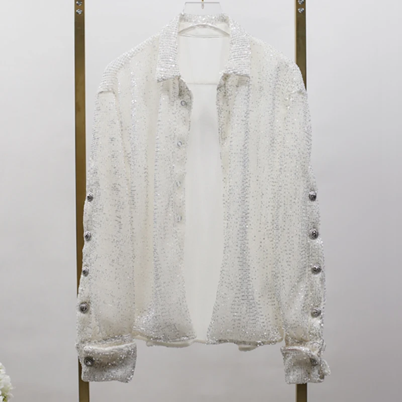 

HIGH QUALITY New Fashion 2018 Designer Shirt Women's Long Sleeve Lion Buttons Sequined Blouse Shirt