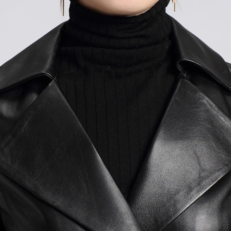 Женская куртка из натуральной кожи, элегантное тонкое длинное пальто из овчины, высокое качество, подиум, натуральная кожа, офисное Женское пальто, черный 3XL