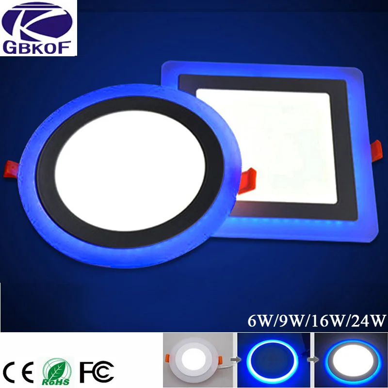 Kopen GBKOF 6 w 12 w 16 w 24 w led Plafond Verzonken paneel Licht Painel lamp decoratie ronde vierkante Led panel Downlight Blauw + Wit 2 kleur