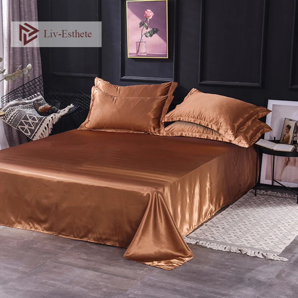 

Liv-Esthete 2019 Hot Sale Wholesale Luxury 100% Satin Silk Brown 1PCS Flat Sheet Silky Queen King Bed Sheets For Women Men