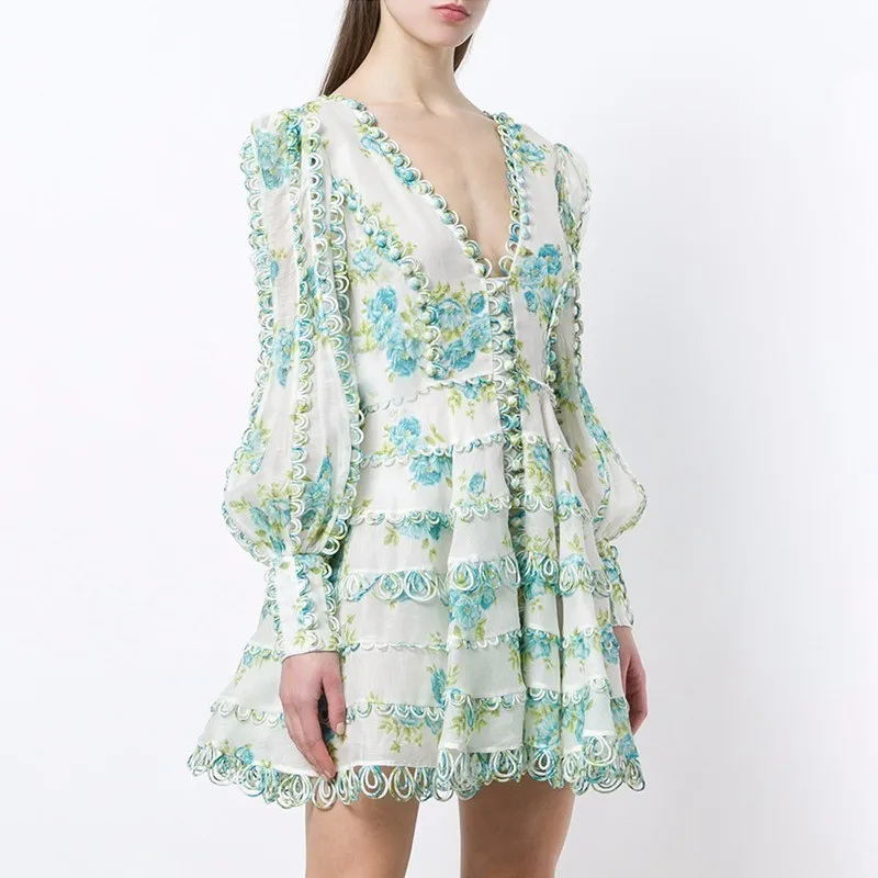

[MENKAY] Boho Printed A-Line Women Dress Long Lantern Sleeve Ruffle V Neck Sexy Female Fashion Elegant Mini Dresses 2019 Autumn