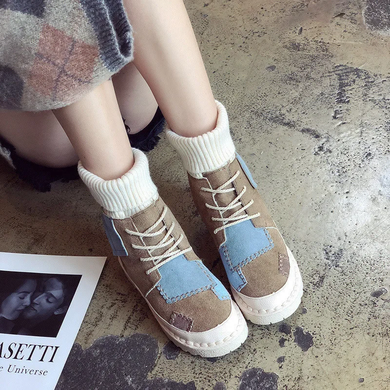 JINBEILEE Winter Wild High-top Canvas Lace-up Female Boots Cloth Wind Patch Fashion Boots Wpmen's Casual Walking Shoes