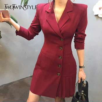 

TWOTWINSTYLE Pleated Hem Patchwork Blazer Coat For Women High Waist Long Sleeve Slim Female Suits Spring Fashion Korean 2020