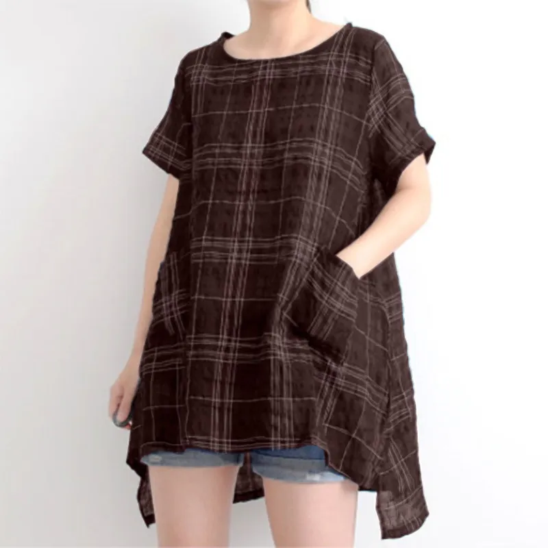 

Top 2019 ZANZEA Summer Women O Neck Short Sleeve Loose Cotton Linen Pockets Shirt Blusas Vintage Plaid Check Party Blouse
