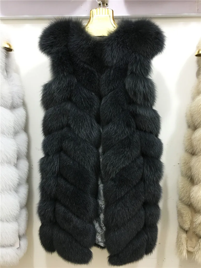 Fourrure Bleu Pour Long Pelt Grey De Natural Gilet Épais Véritable D'hiver Manches Sans Naturel Les Liyafur Femmes dark Réel Color Complet Renard black BZXqYwc4