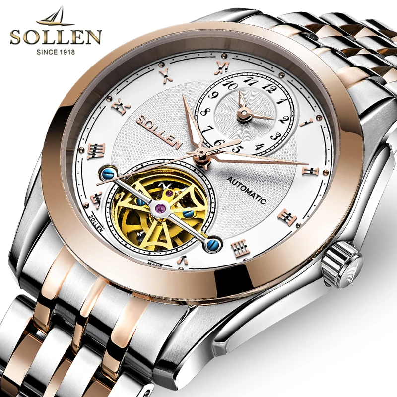 SOLLEN Skeleton Tourbillon Mechanical Watch Men Fashion Rose Gold Full Steel Automatic Self-Wind Wrist Watches Reloj Hombre 2017 men luxury brand casual gold full steel band skeleton automatic self wind mechanical hand wind goden relogio for man wrist watch