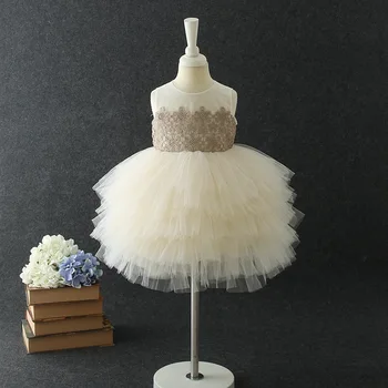 

1st Baby Girl Birthday Party Dress for Kids Embroidery Tutu Princess Dress for Toddler Formal Evening Lace Dress Champagne