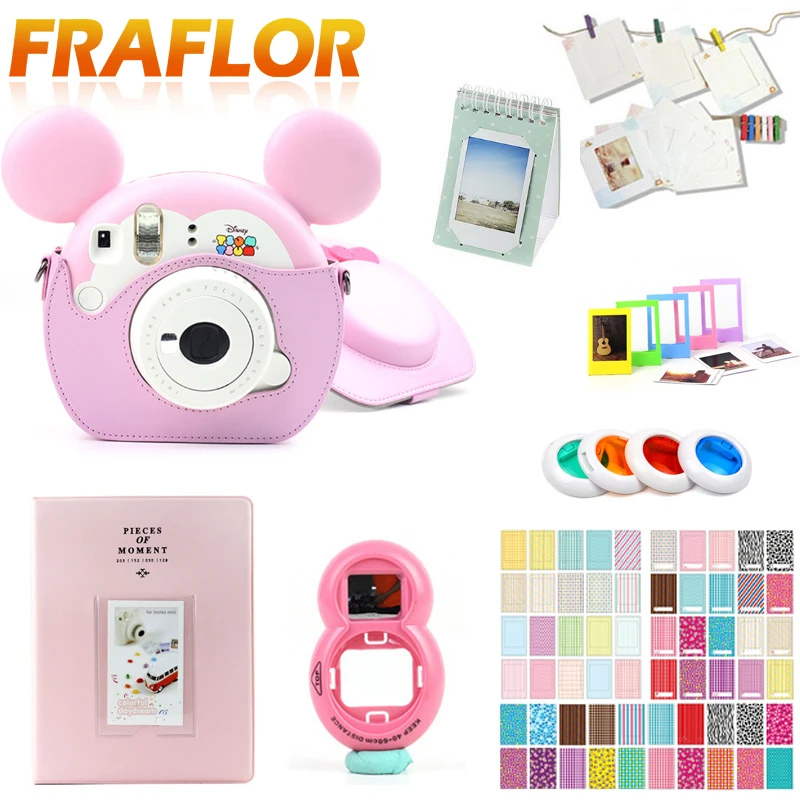 

Pink PU Leather Camera Bag Strap Case Accessories Set with Frame Filters Album For Fujifilm Instax TsumTsum Protective Pouch