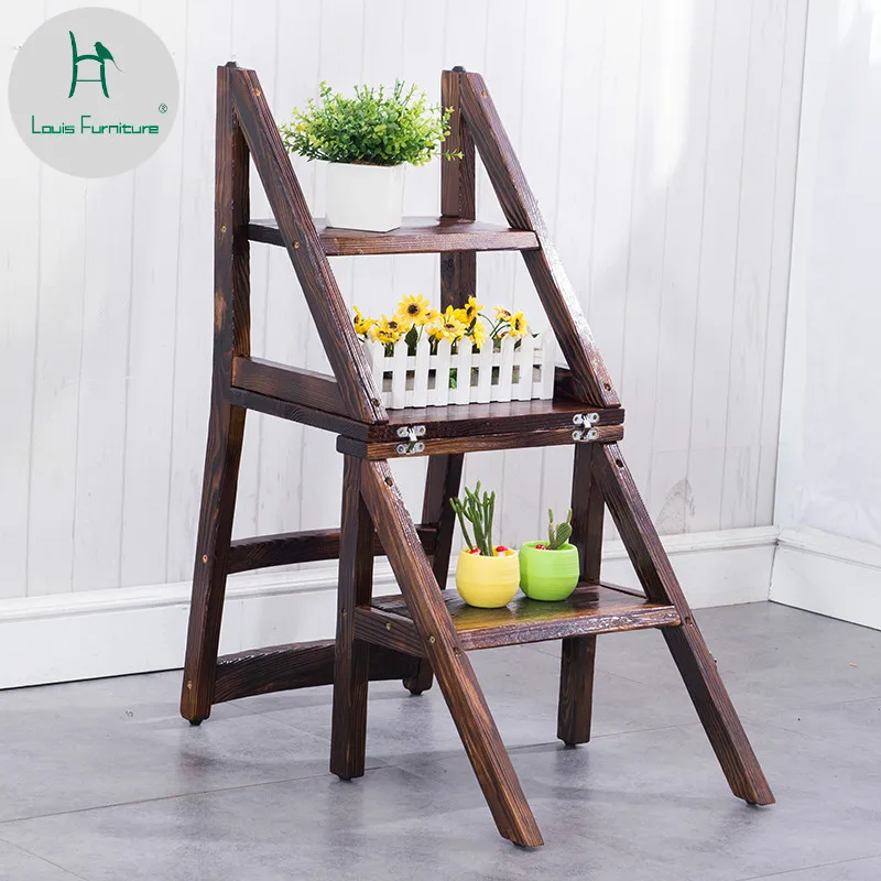 

Louis Fashion Stools Ottomans Multi-function Folding Household Solid Wood Ladder Chairs