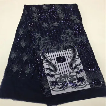 

2017 Modern design royal blue French lace African sequins embroidery tulle lace fabric 5 yards for fashion evening dress F77-1